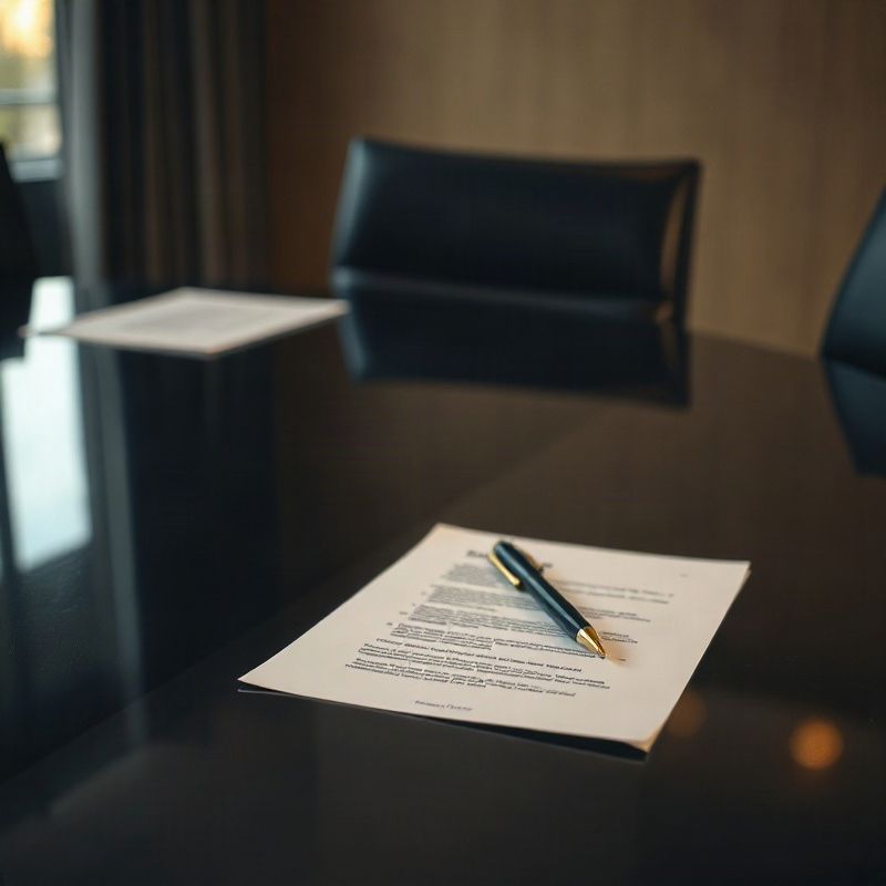 Polished dark conference table with a single pen and document