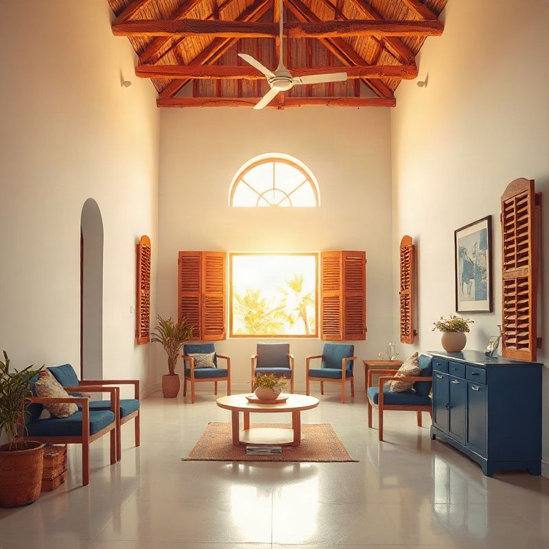 Bright, sparse advisory office interior in Malindi with whitewashed walls and indigo accents
