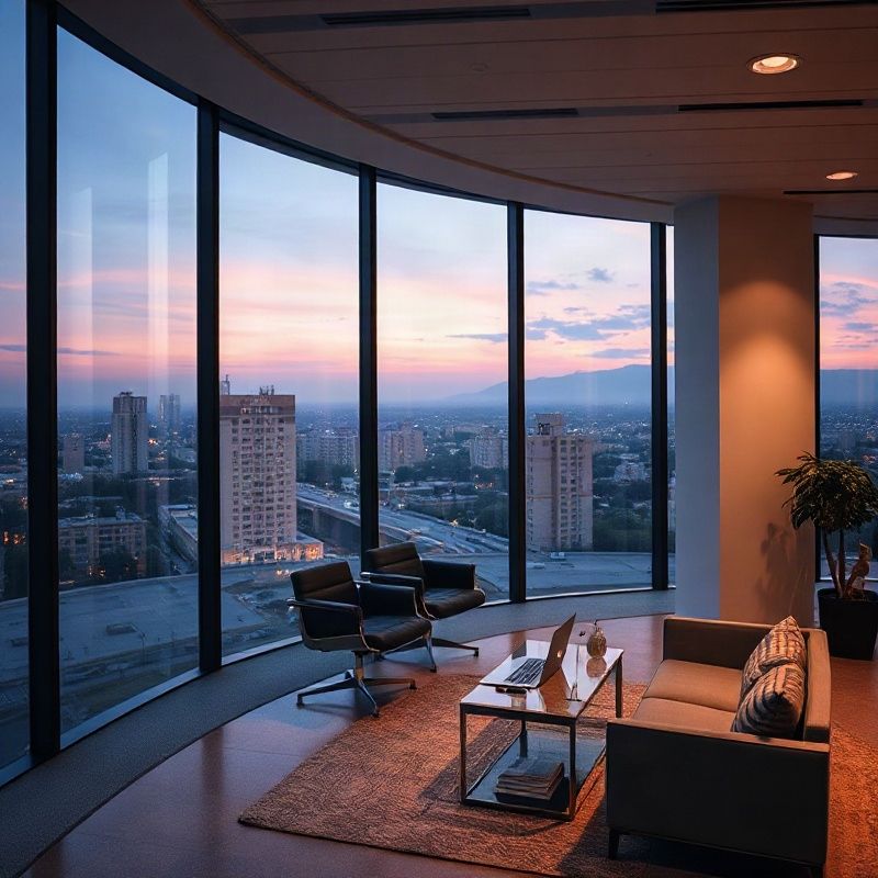 Modern office interior with floor-to-ceiling windows overlooking a city at dusk